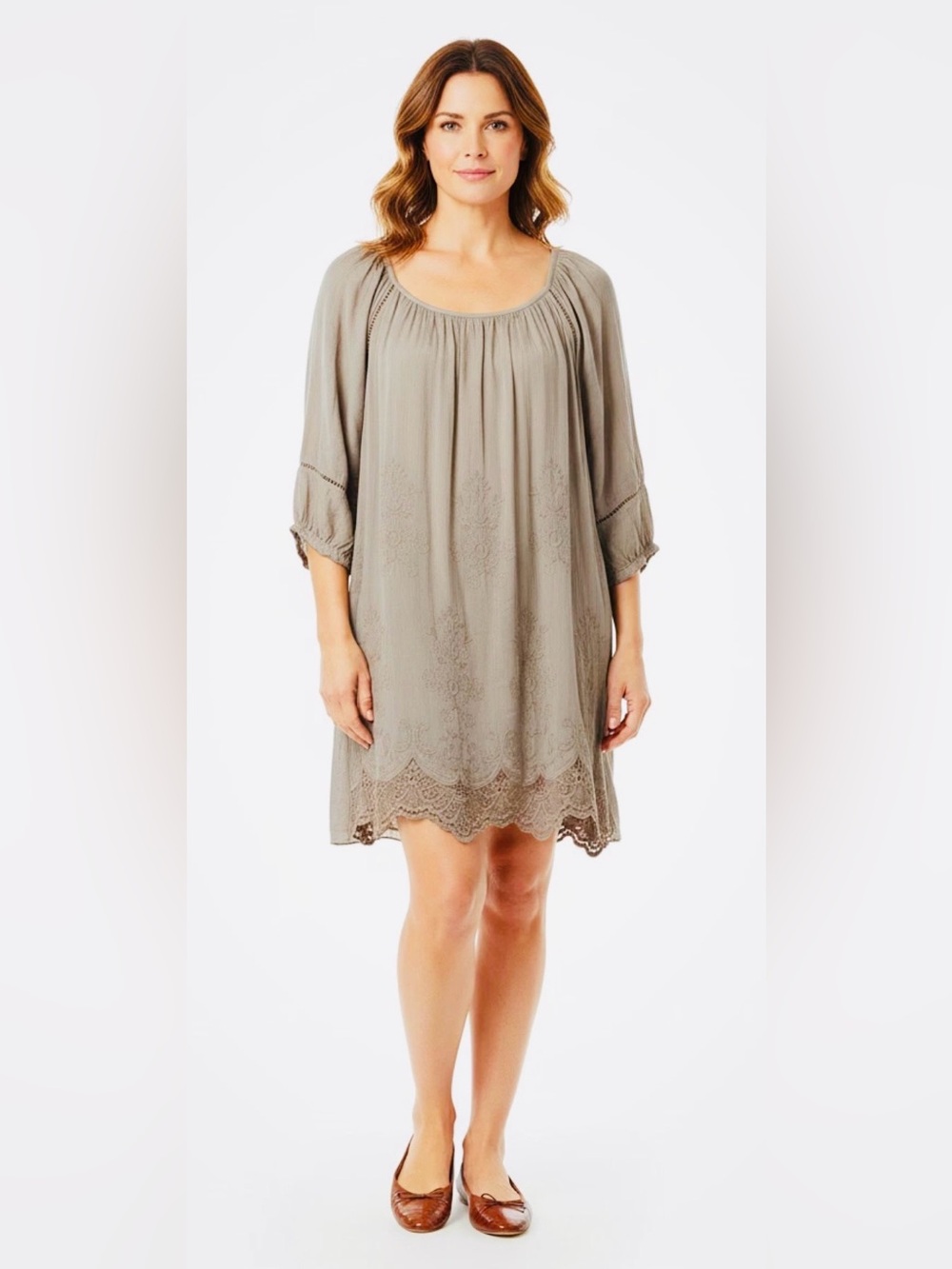 Nicole Italy Silk Blend Boho Embroidered Lace Hem Tunic Dress Beige - Small